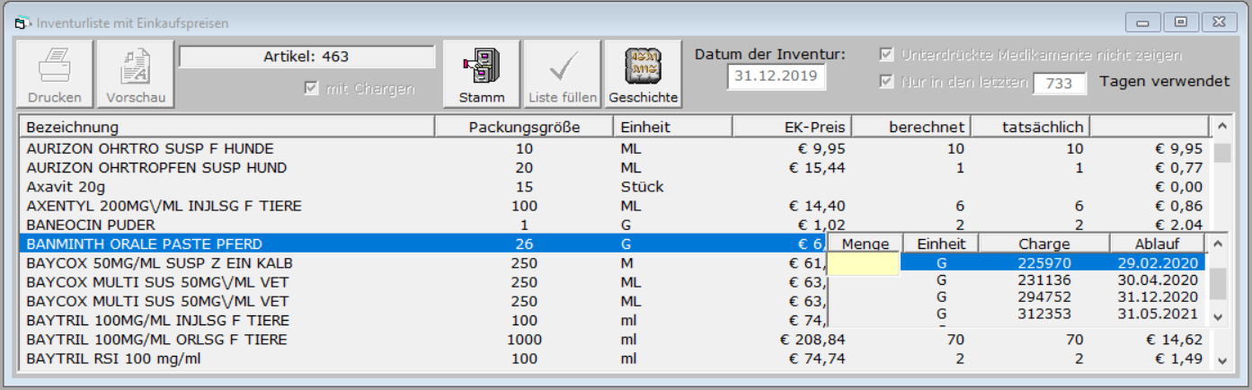 Inventurfenster gefllt mit Chargen